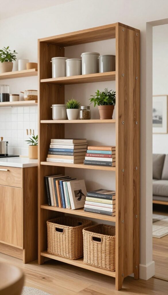 Tall open wooden shelving unit dividing a bright kitchen and living room, styled with baskets, cookbooks, and small plants in natural daylight
