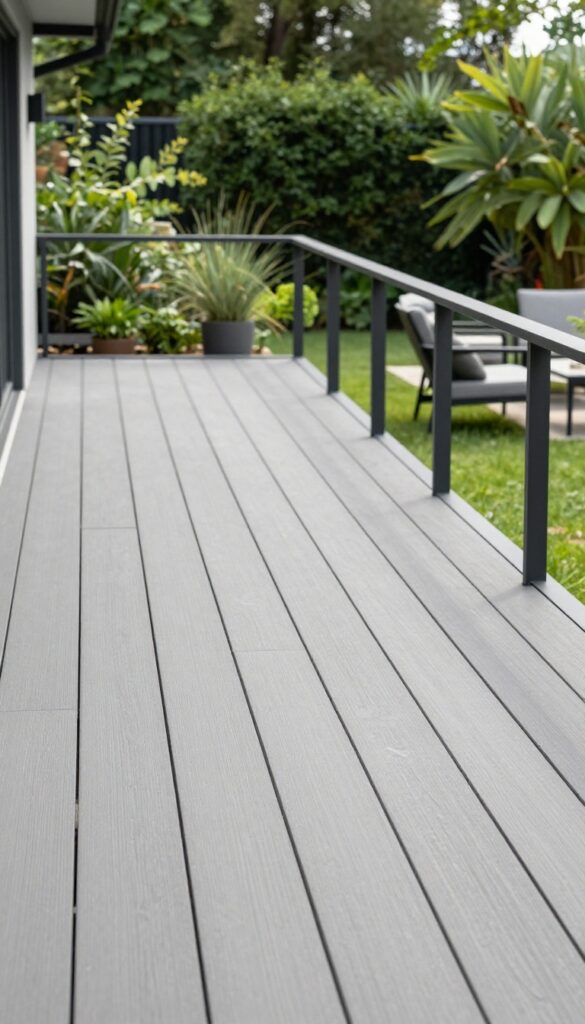 Modern composite deck with wide matte gray planks and minimal railing in bright natural light