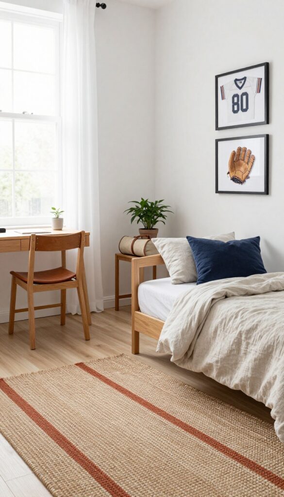 Bright boys bedroom with a neutral bed, framed sports memorabilia on the wall, leather and canvas textures, and subtle navy and rust accents.