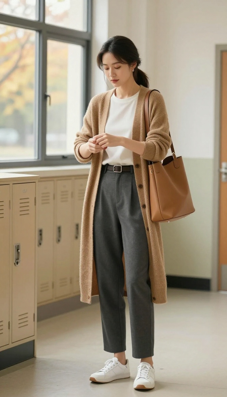 4. Charcoal Tailored Jumpsuit with a Long Cardigan