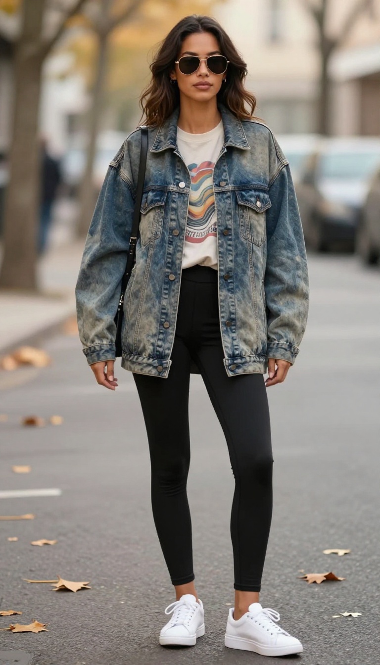 2. Acid-Wash Denim Jacket + Graphic Tee + Leggings