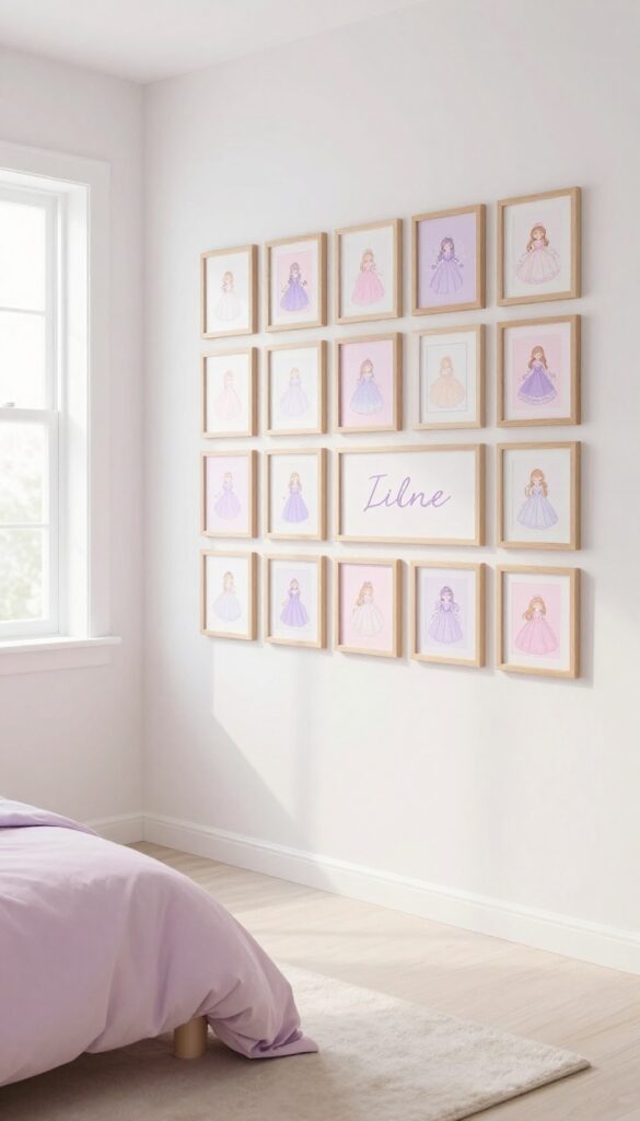 A bright kids princess bedroom wall with a curated gallery wall of matching light wooden frames and pastel princess-themed art in a soft pink and lavender palette.