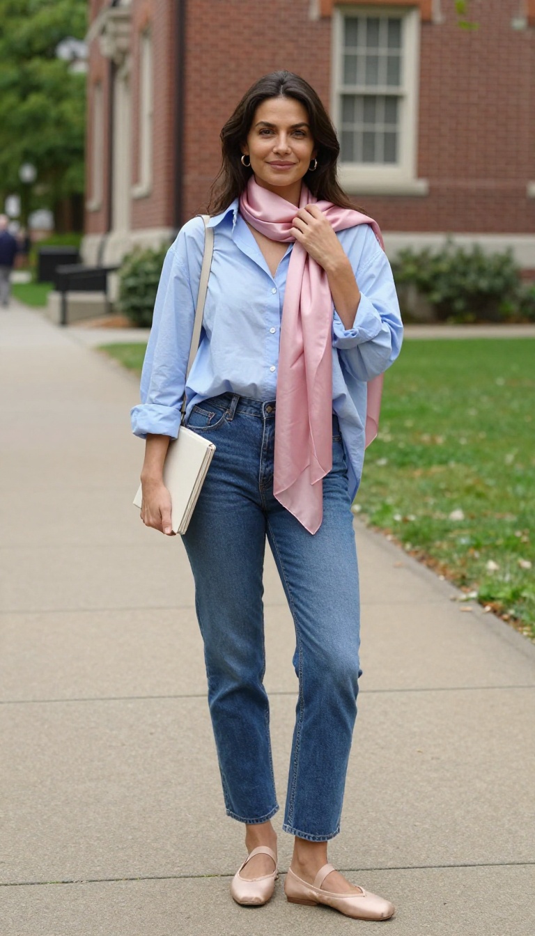 10. Button-Up Shirt + Low-Rise Jeans + Skinny Scarf
