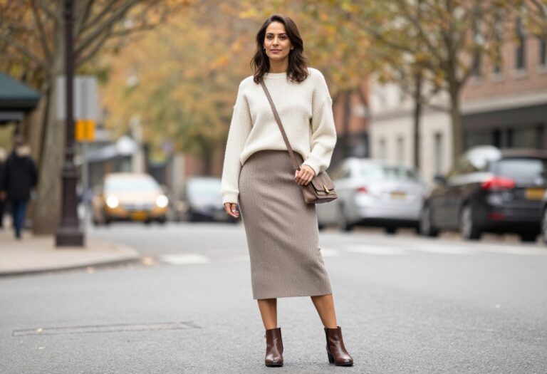 Woman wearing a classy long skirt outfit with a chunky sweater and ankle boots for cooler days.