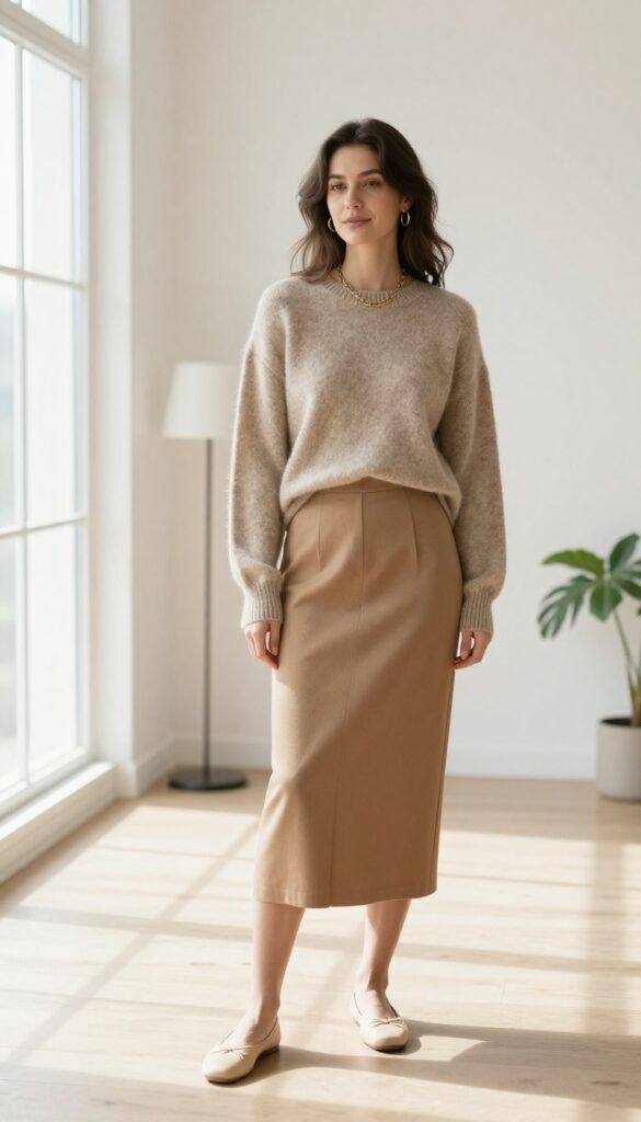 Woman in cashmere sweater and pleated midi skirt, old money style, neutral tones, bright natural light, photorealistic