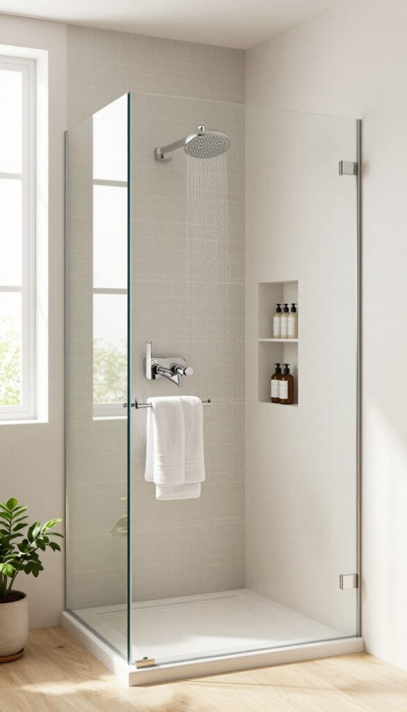 Bright small bathroom corner shower with a glass enclosure and one textured accent tile wall in a coordinated neutral palette, contrasting with plain matte tiles on the other walls.