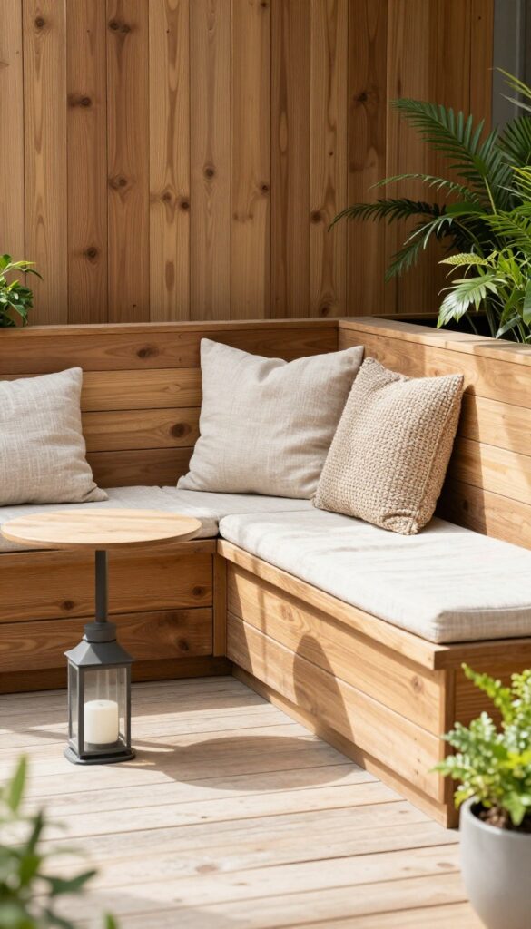 Cozy corner lounge nook on a small wooden deck with an L-shaped bench, layered cushions, a side table, and a lantern in bright natural light