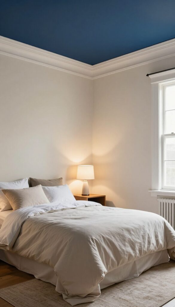 Cozy bedroom with a dark blue painted ceiling, soft neutral walls, white crown molding, and warm bedside lighting creating an intimate cocoon-like atmosphere