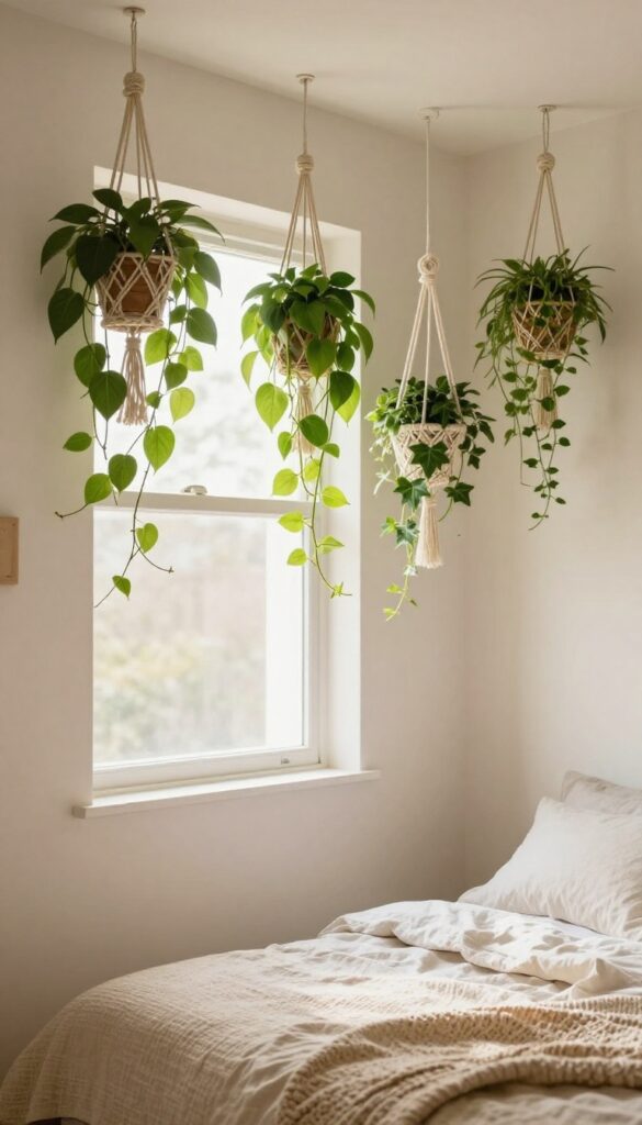 Sunlit bohemian bedroom corner with trailing pothos and ivy plants hanging in macramé planters near a bright window, creating a cozy layered natural atmosphere