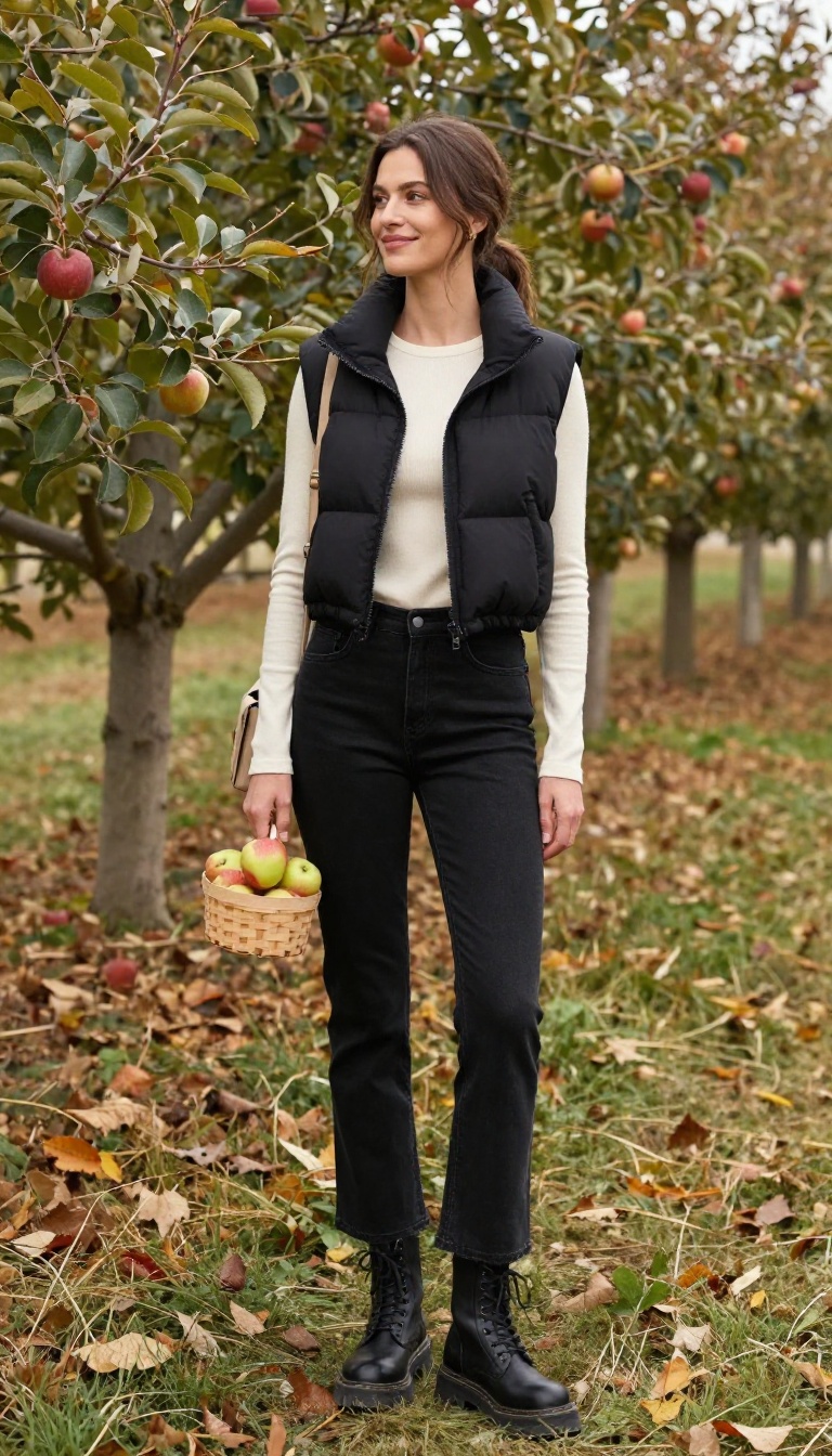 9. Cropped Puffer Vest and Black Flares with Combat Boots