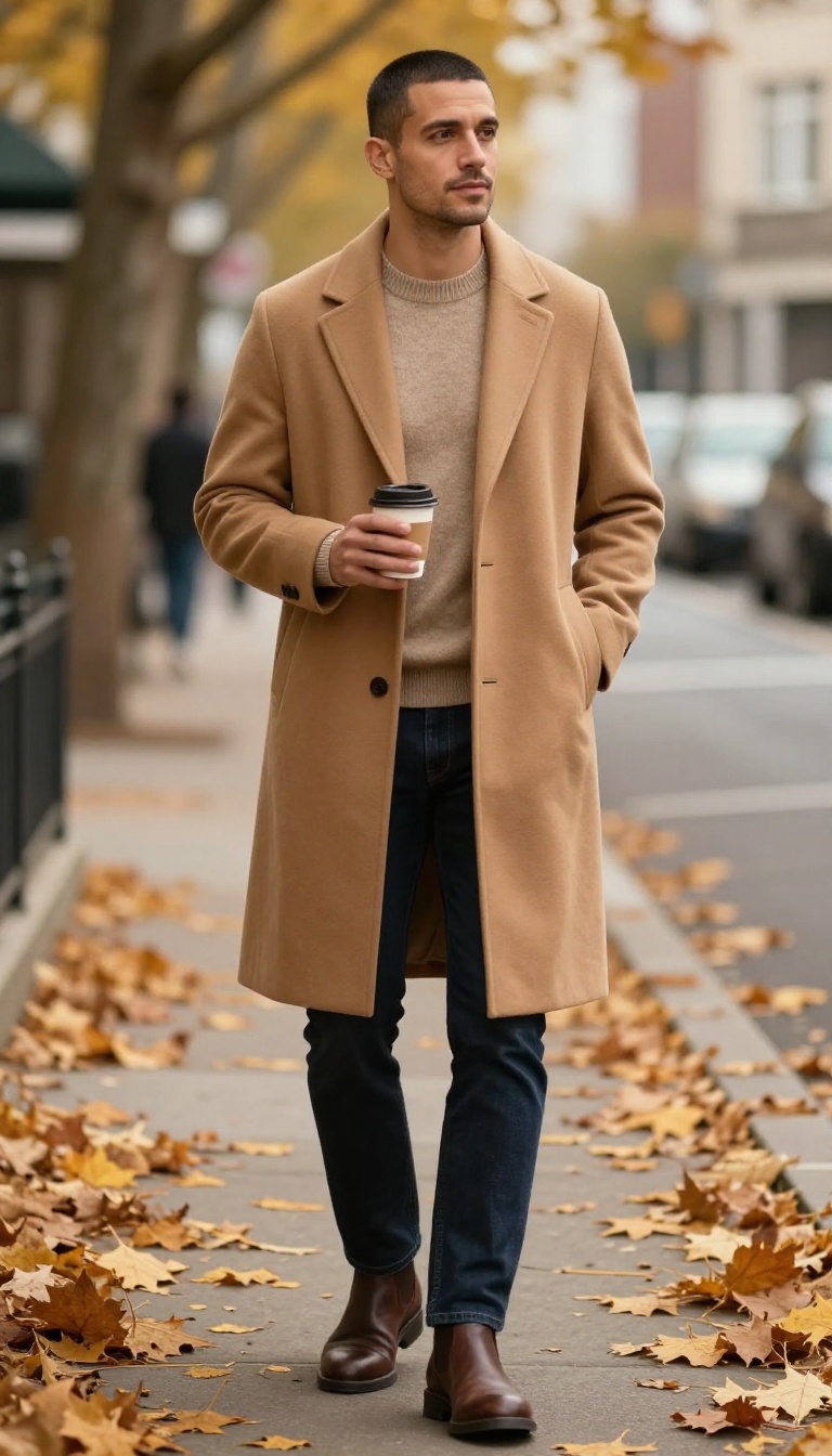 2. Camel Coat Over a Cashmere Crewneck and Dark Denim