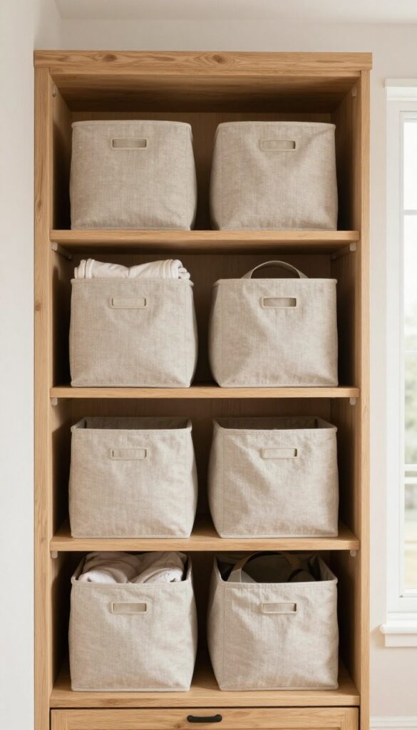 Small bedroom cupboard with a high overhead shelf holding matching storage bins, folded blankets, and a travel bag above open everyday shelves in bright natural light