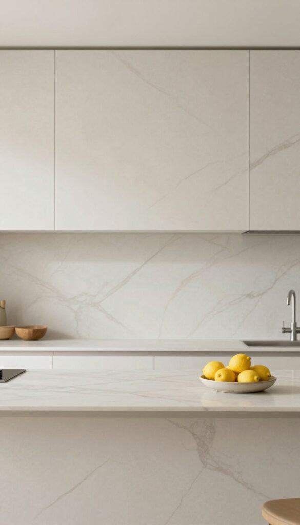 Modern luxury kitchen with a large-format marble-look slab backsplash and minimal grout lines in bright natural light