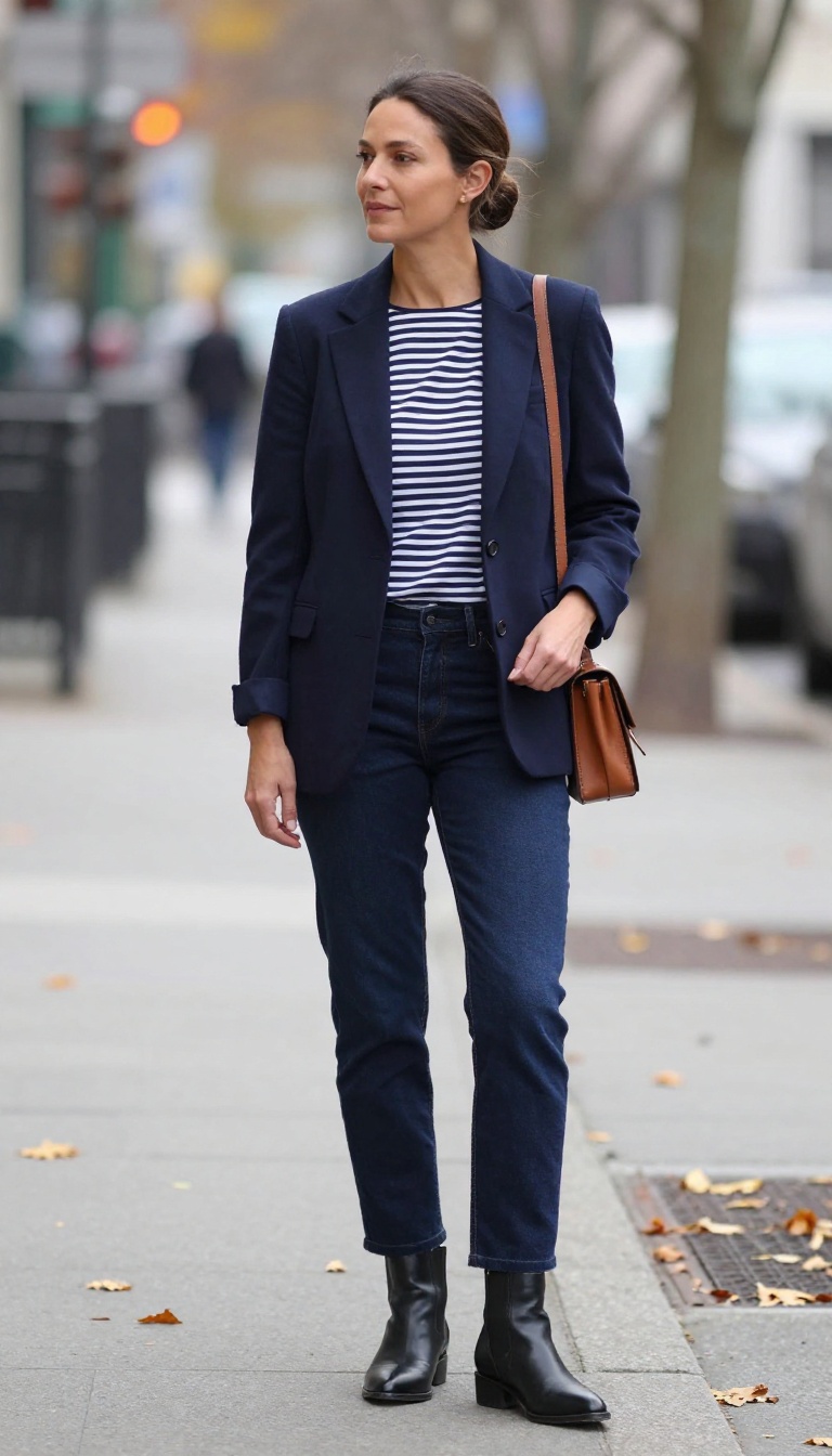 3. Navy Blazer Over a Striped Tee with Slim Jeans and Ankle Boots