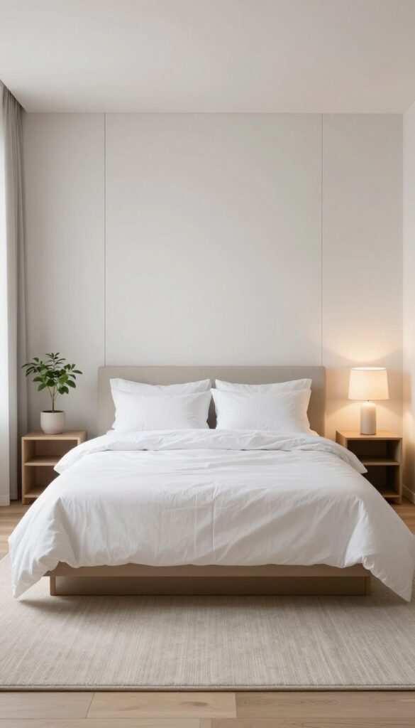 Bright modern bedroom with a full-width mirrored headboard feature wall behind a low bed with white bedding, soft glowing bedside lamps, and natural daylight creating a calm, spacious feel.