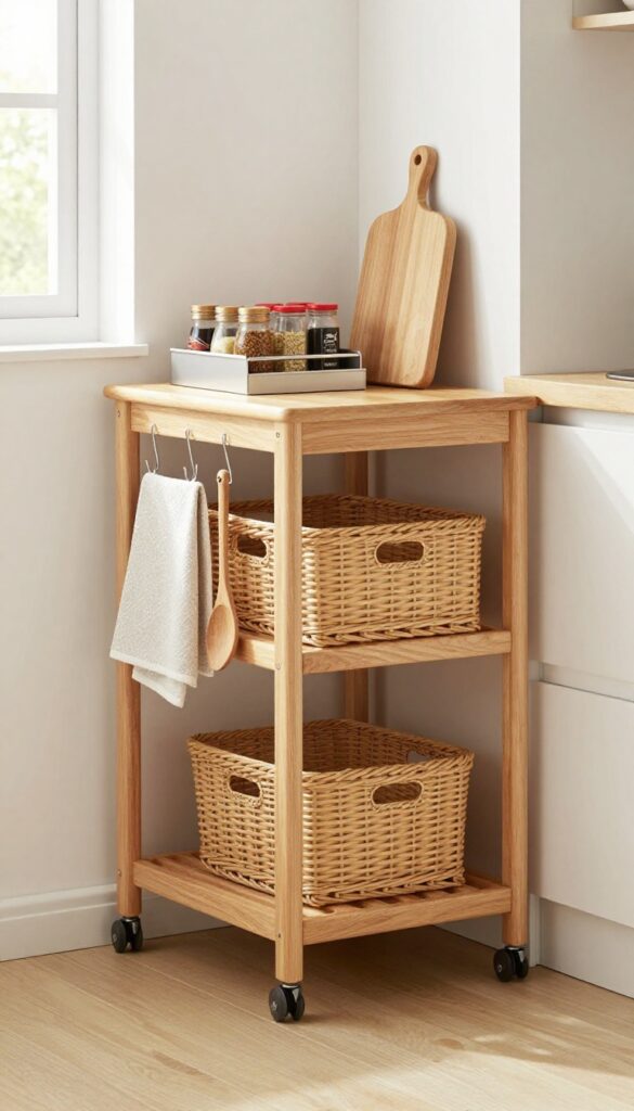 Slim wooden rolling cart with baskets, cutting board, spice rack, and hooks tucked between cabinets in a bright narrow kitchen