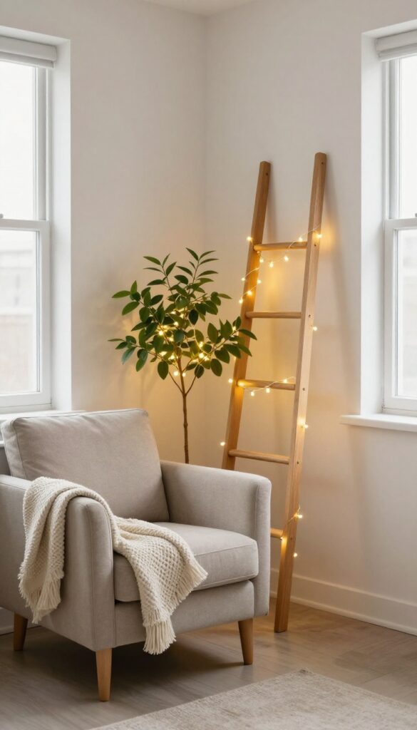 Cozy bedroom corner reading nook with a small armchair, textured throw blanket, wooden ladder, and potted plant wrapped in warm glowing fairy lights beside a sunlit window