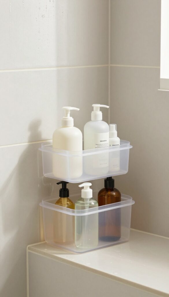 Two clear stackable storage bins holding grouped toiletries on a shower ledge in a bright bathroom, with heavier bottles on the bottom layer.