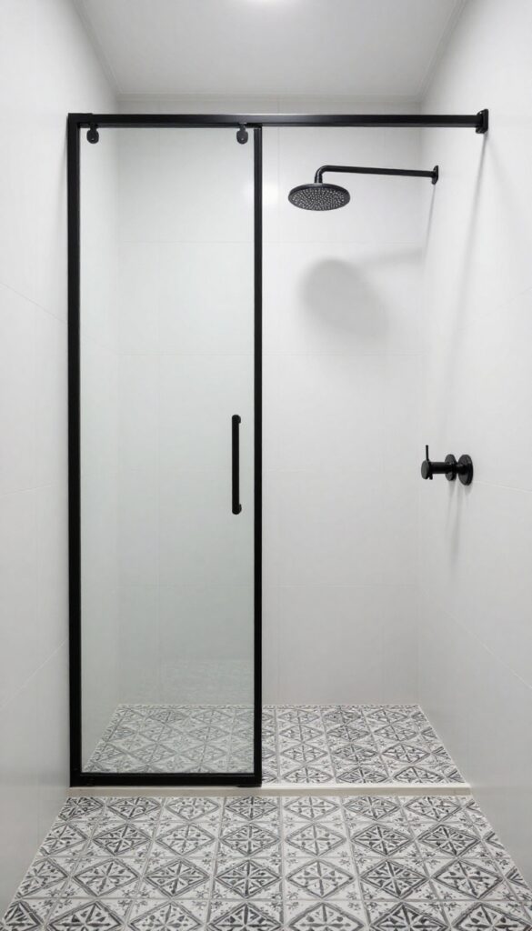 Bright modern walk-in shower with white tiled walls, black fixtures, a black-framed glass divider, and patterned black-and-white floor tiles.