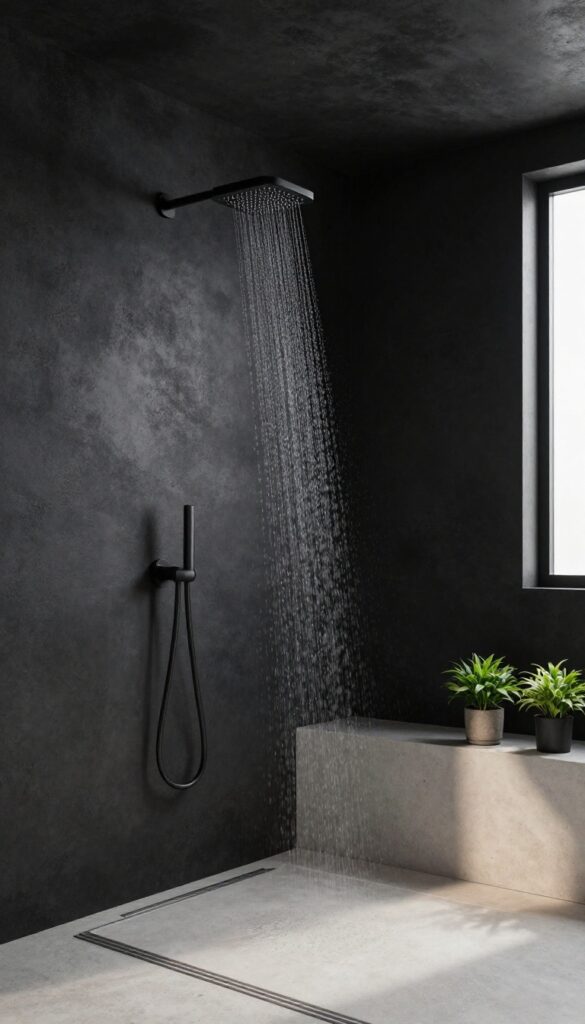 Dark charcoal concrete shower with a matte black rainfall showerhead, light concrete floor, bright natural light, and a small green plant on a ledge