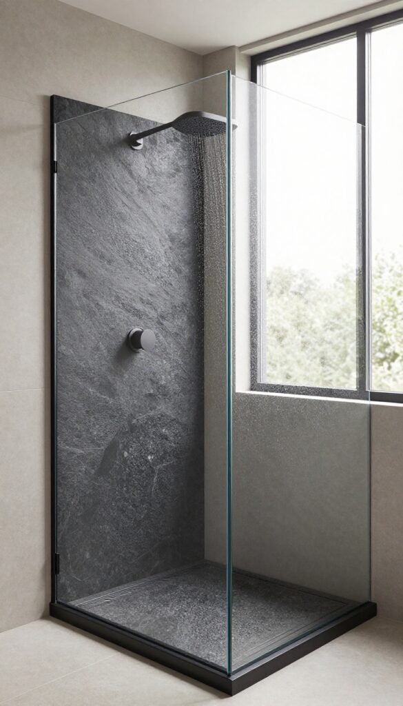 Modern walk-in shower with a textured black natural stone pebble floor, light walls, linear drain, and bright natural light