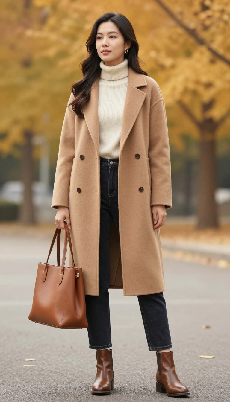 1. Camel Coat Over Dark Wash Jeans and a Cream Turtleneck