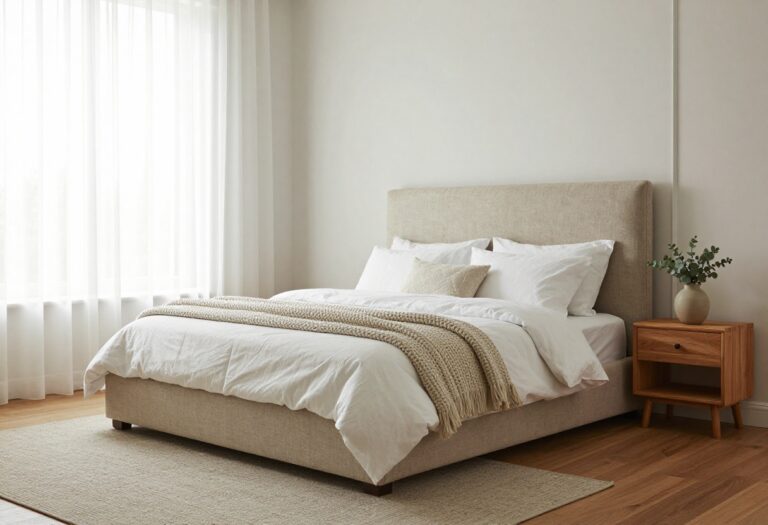 Cozy modern single bed bedroom with a tall upholstered headboard, plush white bedding, knit throw, and bright natural light from a large window
