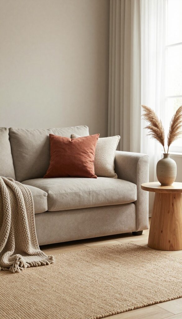 Small bright living room with a tight neutral color palette of greige and charcoal, accented by terracotta pillows and a textured throw on a cozy sofa