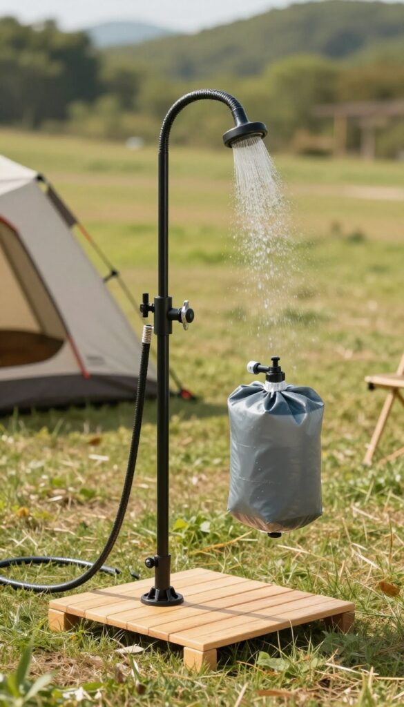 A portable foot pump camping shower with a flexible hose and spray nozzle set up on a wooden board beside a tent in a sunny grassy campsite.