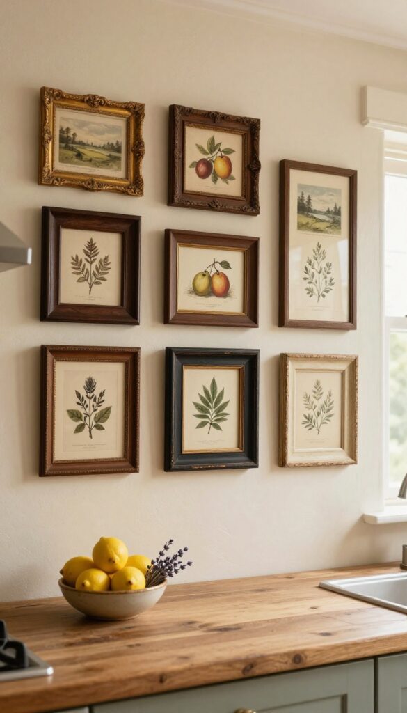 Vintage kitchen wall with mismatched gold, dark wood, and chipped black frames holding antique botanical and fruit prints in bright natural light.