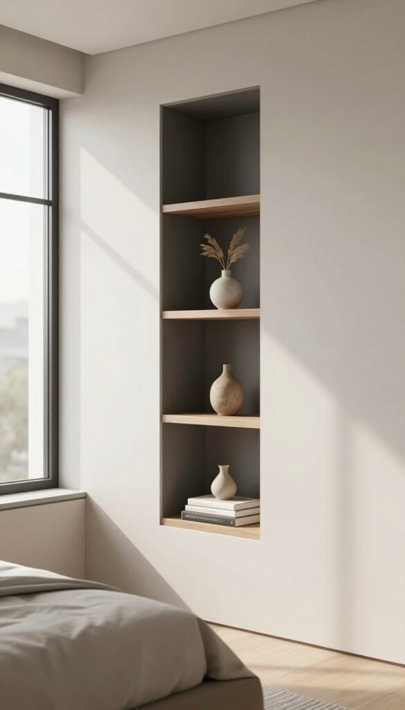 Modern minimalist bedroom with a built-in recessed wall niche shelf painted a darker shade than the wall, styled with simple decor in bright natural light