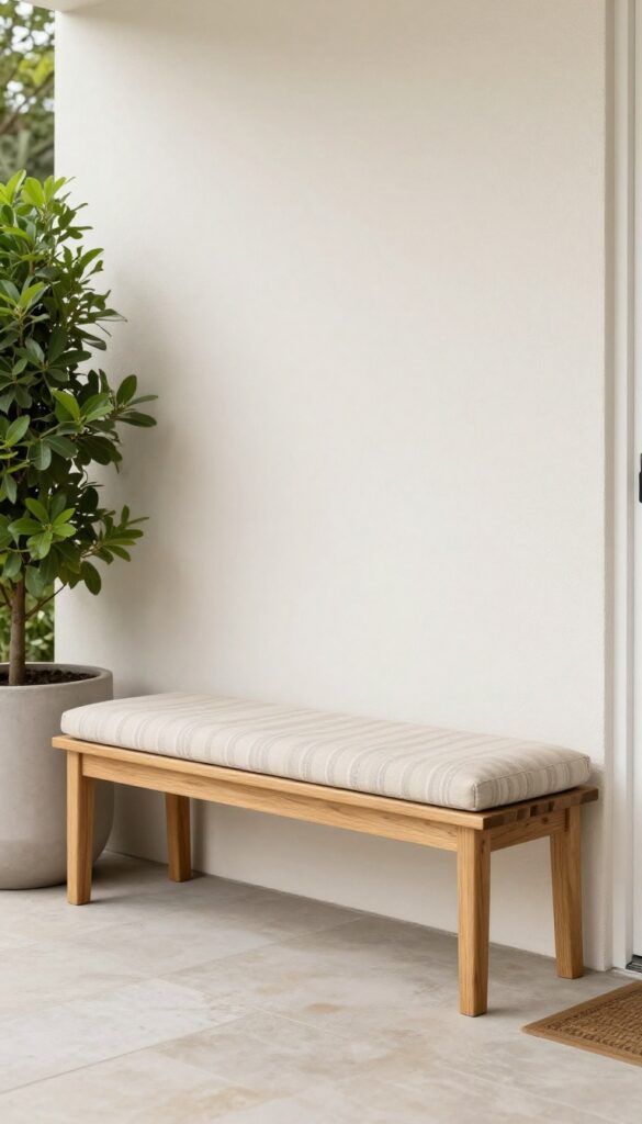 Compact front yard seating nook with a slim wooden bench, neutral cushions, and two planters beside a house entry