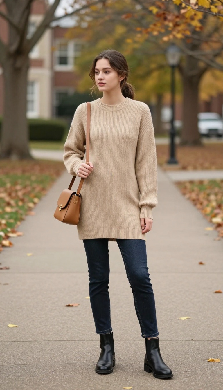 13. Sweater Dress Over Jeans with Ankle Boots