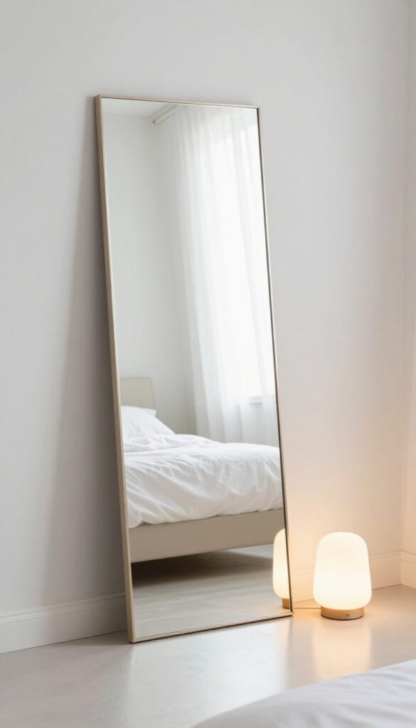 A large frameless full-length mirror leaning against a wall in a bright windowless bedroom, reflecting a warm floor lamp and white bedding to make the room feel lighter and more spacious