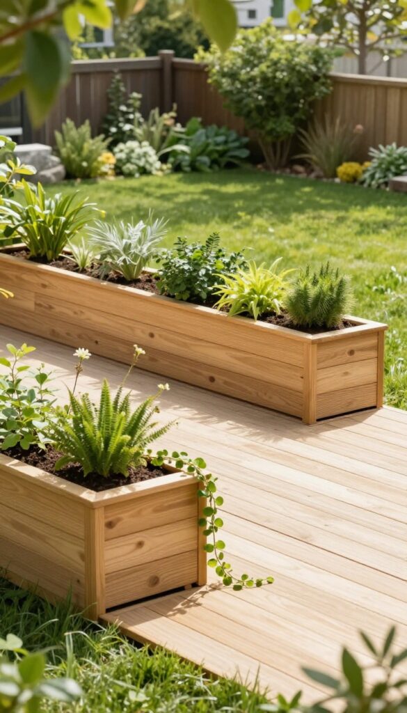 Wooden backyard deck with built-in planter boxes along the base, filled with trailing and upright green plants, blending the deck into a sunny garden.