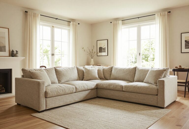 Bright open-plan living room with a low-back neutral sectional sofa floating in the center, dividing the seating area from the dining space while keeping the walkway open