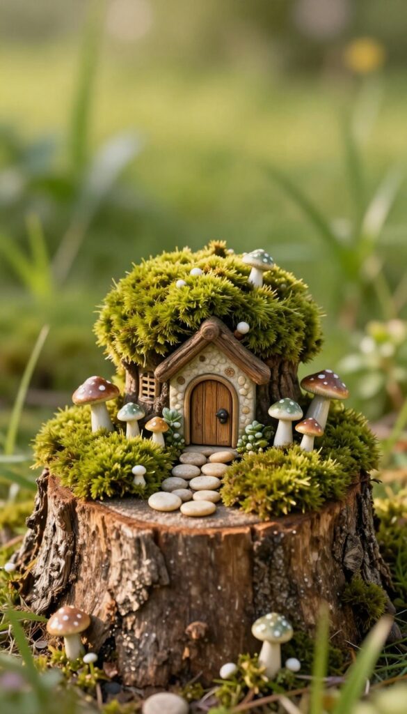 Short wide tree stump decorated as a miniature fairy garden with moss, tiny stones, ceramic mushrooms, and a small woodland cottage in a sunny front yard
