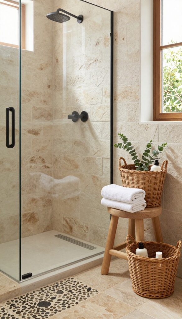 Rustic walk-in shower with natural stone tile and a wooden stool holding two neutral woven wicker baskets filled with folded towels and toiletries in bright natural light