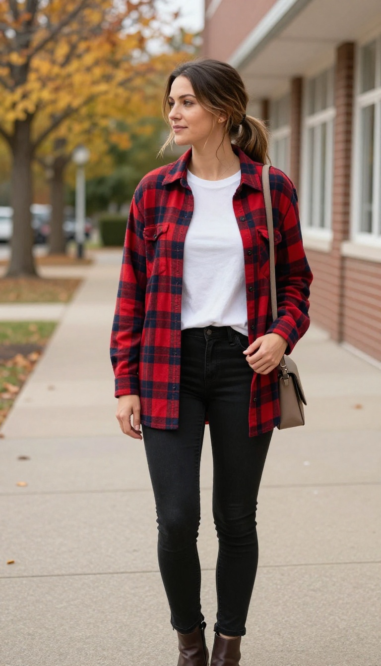 2. Plaid Shirt Jacket Over a White Tee and Black Skinny Jeans