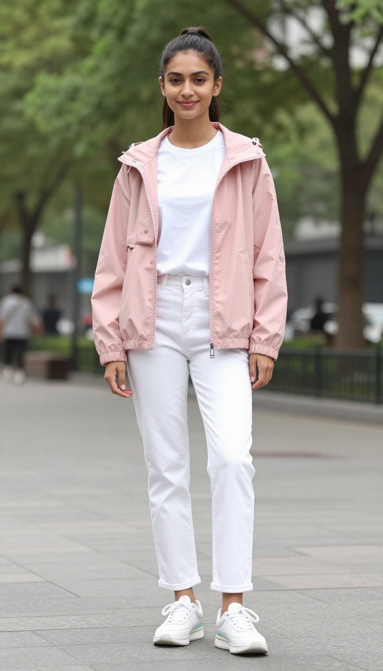 12. Pastel Windbreaker with White Jeans and Sneakers