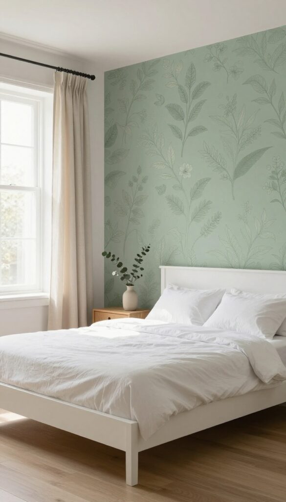 Bright modern vintage bedroom with a soft botanical wallpaper accent wall behind a clean-lined bed and simple white bedding