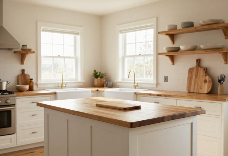 Cozy timeless farmhouse kitchen with white cabinets, warm natural wood accents, butcher block island, and open wooden shelves in bright natural light