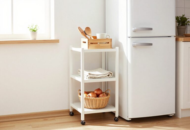 Bright small kitchen corner with a slim rolling storage cart beside the fridge, styled with baskets, utensils, and a small potted herb plant in natural light