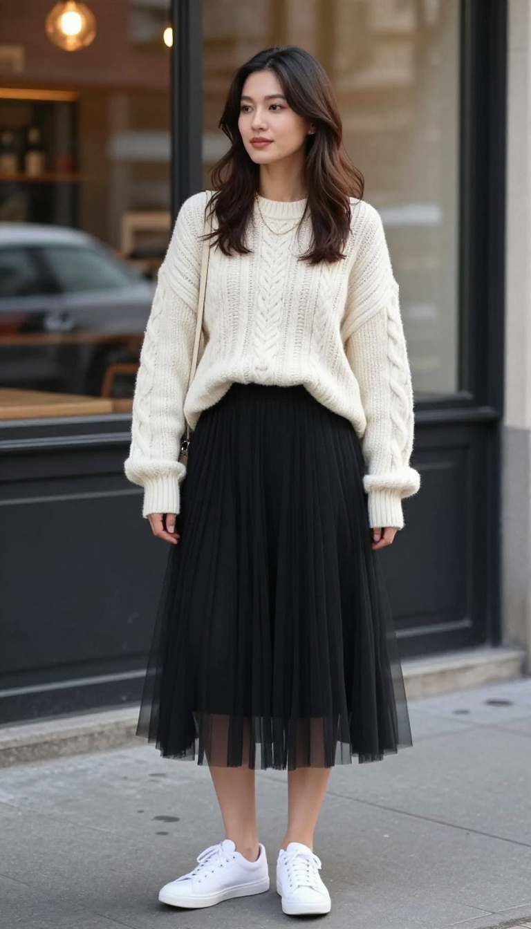 15. Tulle Skirt with a Chunky Cable-Knit and Sneakers