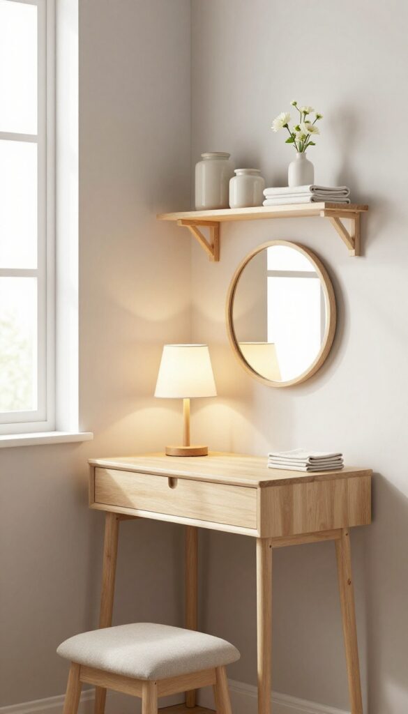 Bright bedroom vanity corner with a slim desk, round mirror, small stool, and warm lighting