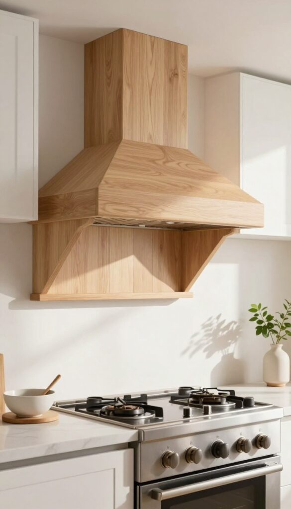 Classic wood box range hood cover painted to match white kitchen cabinets above a stainless steel stove in a bright modern kitchen