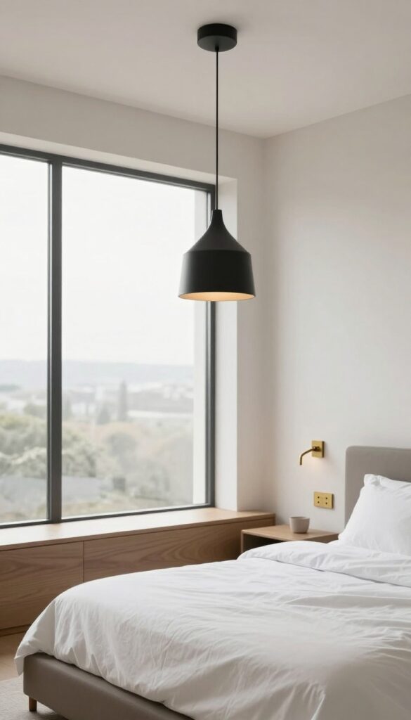 Modern bedroom with a sculptural matte black pendant light as statement decor, bright natural light, clean neutral styling, and a brass wall sconce beside the bed.