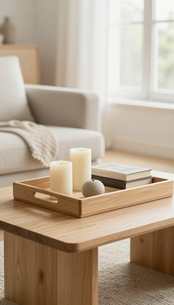 Bright living room coffee table styled with a low wooden tray holding a candle, books, and a small ceramic object, with open space around the tray.