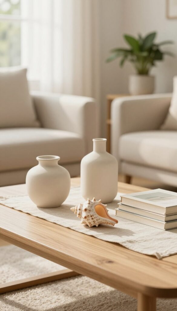 Bright living room coffee table styled with a sentimental seashell and a neutral ceramic vase beside a small stack of plain books in natural window light