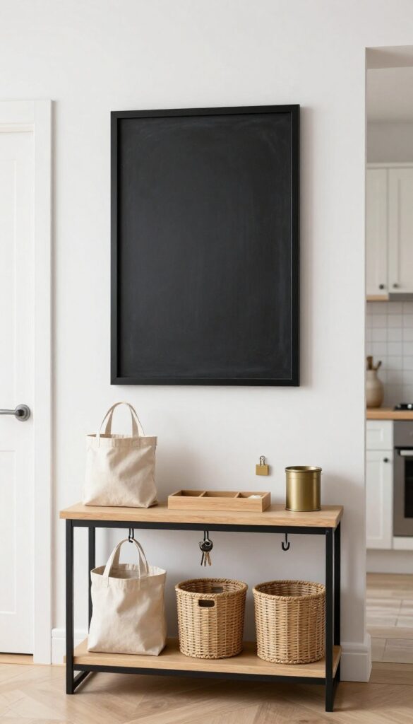 Bright kitchen command wall with a framed chalkboard, a small shelf with baskets, and hooks holding keys and a tote bag, styled as intentional decor